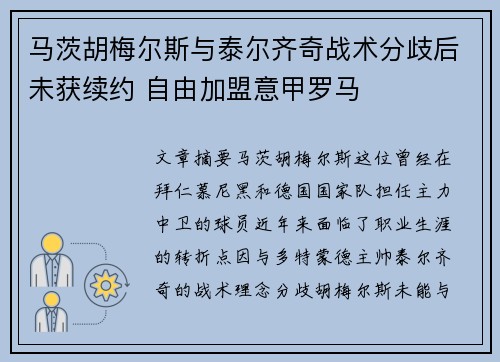 马茨胡梅尔斯与泰尔齐奇战术分歧后未获续约 自由加盟意甲罗马