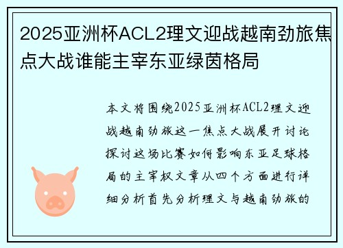 2025亚洲杯ACL2理文迎战越南劲旅焦点大战谁能主宰东亚绿茵格局