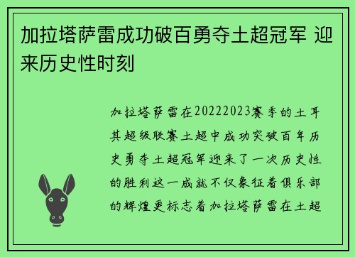 加拉塔萨雷成功破百勇夺土超冠军 迎来历史性时刻